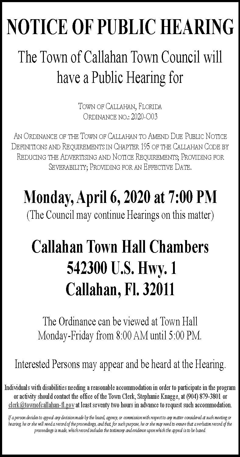 NOTICE OF PUBLIC HEARING ORDINANCE NO.: 2020-O03