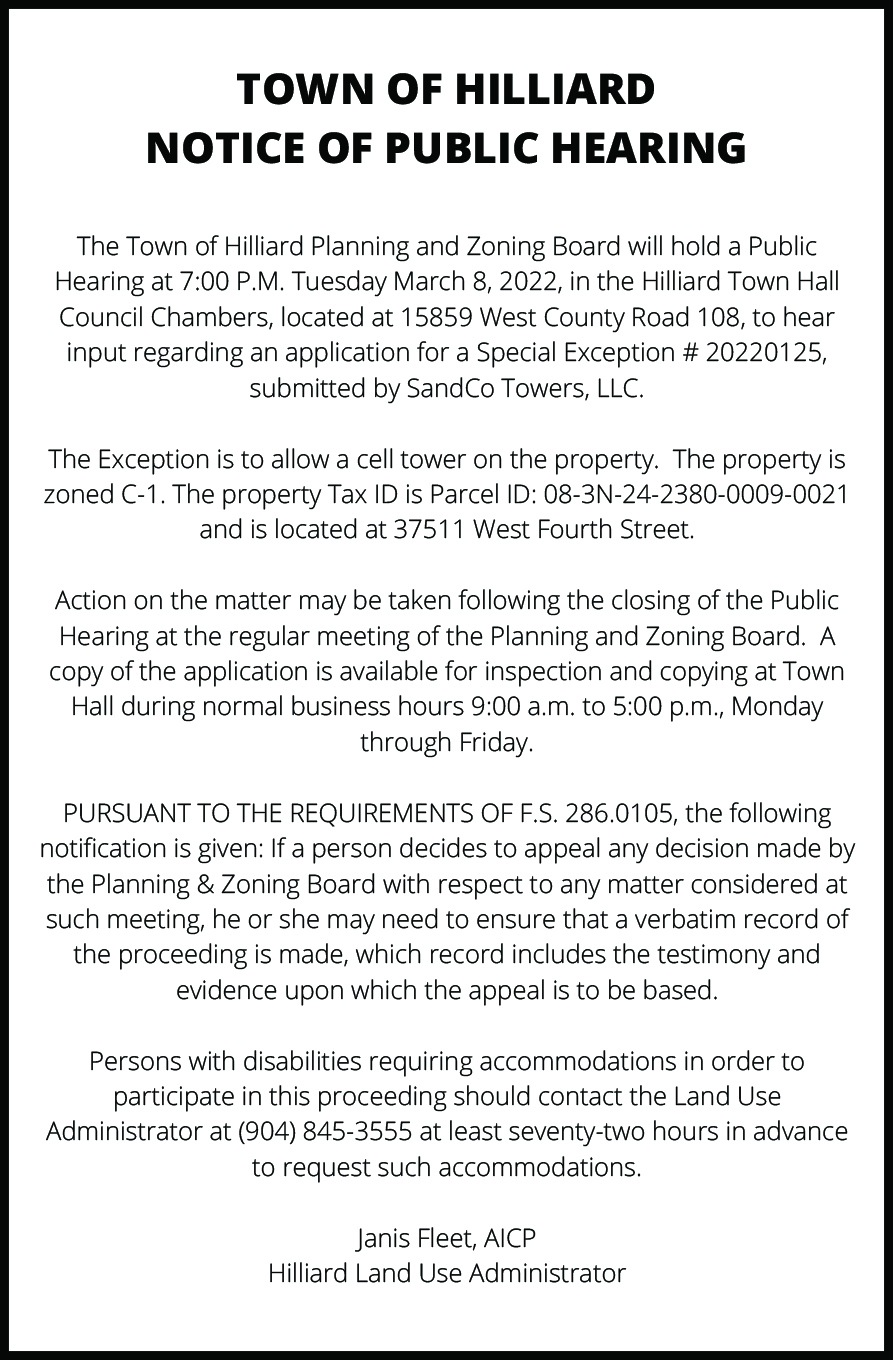 Hearing March 8 at town hall.
