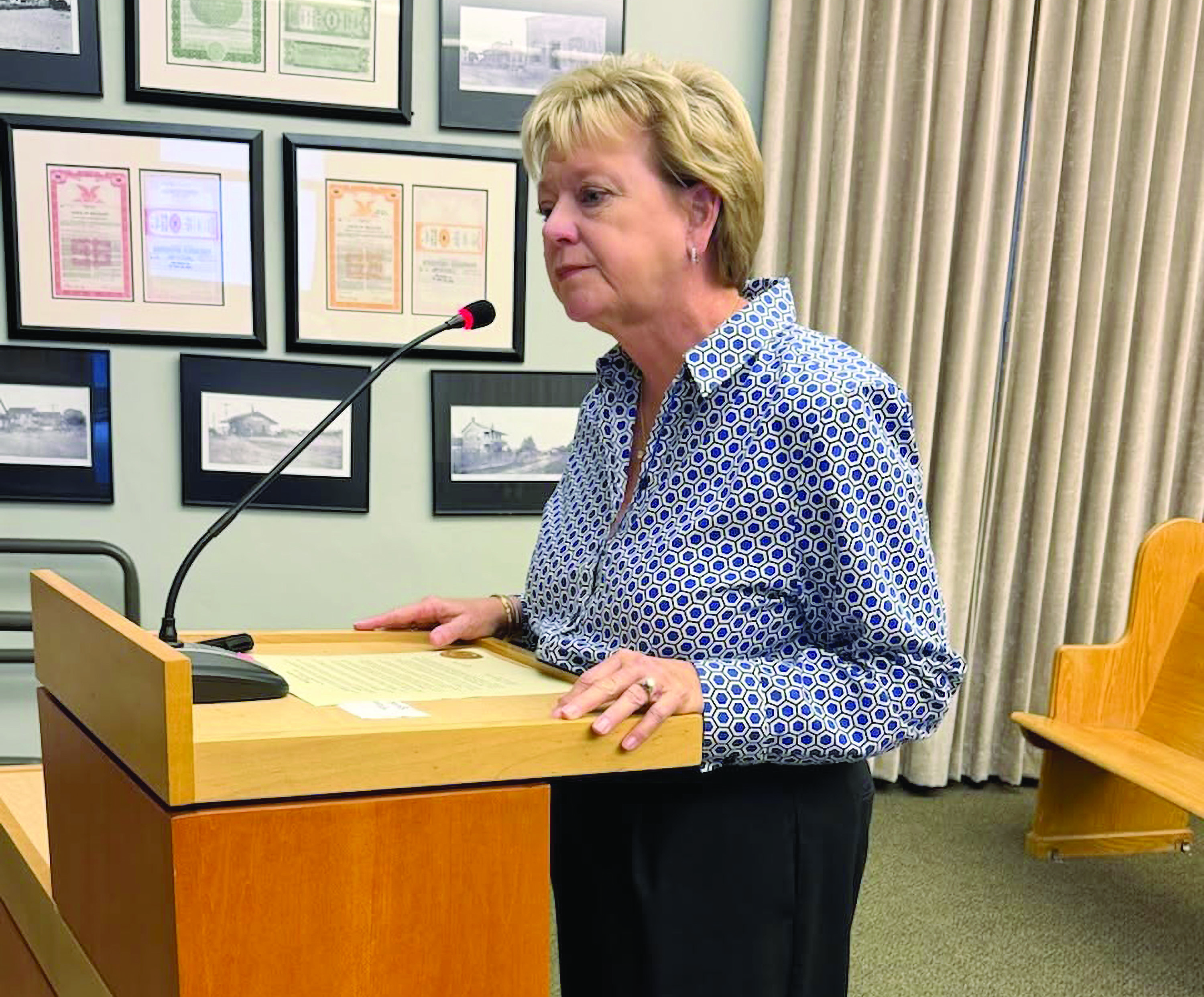 Janet Adkins addresses the Hilliard Town Council Thursday night. The town proclaimed October as Emily Adkins Blood Clot Awareness Month. Photo courtesy of Emily’s Promise