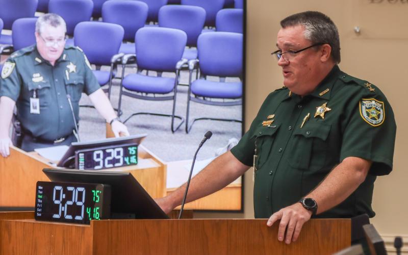 Nassau County Emergency Management Director Tim Cooper addresses the Board of County Comm-issioners April 16. Photo by Ashley Chandler