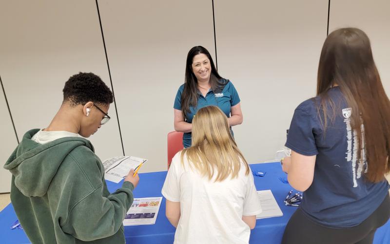Aimee Newton discusses Northeast Builders Association apprenticeships with Hilliard Middle-Senior High School students.