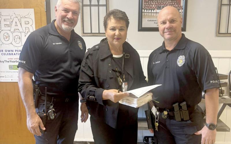 Callahan Elementary School welcomes new school resource officer Billy Johns Monday morning. He replaces Officer DJ Valentine, who was promoted to a new position with the school district and was on campus with Johns Monday. They are pictured with Superintendent Kathy Burns. Submitted