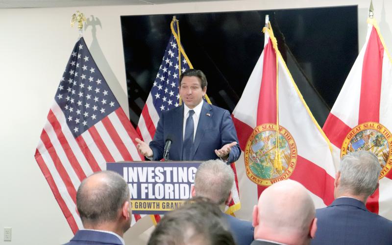 Governor Ron DeSantis speaks in Yulee Thursday, awarding Nassau County $6.2 million for a new roadway near U.S. 301 and I-10. Photo by Amanda Bishop