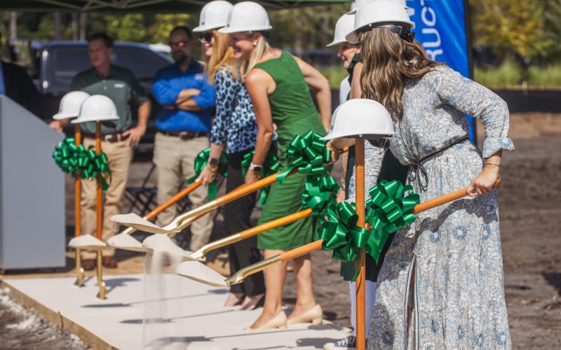 Cornerstone Classical Academy officials are joined by leadership from Auld &amp; White Constructors, Rowe Architects and Rayonier for the school's groundbreaking in Wildlight July 23. Submitted
