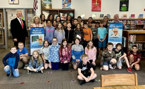 St. George Elementary School students and administrators join Georgia School Superintendent Richard Woods Feb. 13 to celebrate SGES as a Literacy Leader School and a Math Leader School for third through fifth grades. Submitted