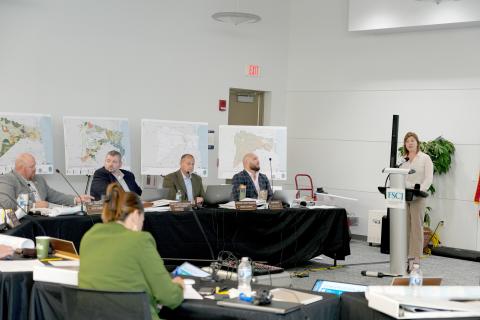 Director of Strategic Advancement and Economic Resources Brandy Carvalho speaks during the Winter Strategic Planning Session. From left are Commissioner Klynt Farmer, Deputy County Manager Robert Companion, Asst. County Manager Marshall Eyerman, and County Manager Taco Pope. Submitted
