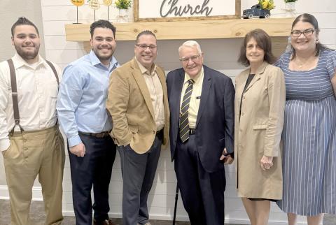 Rev. Tito Miranda, third from left, and his wife, Rev. Gisela Miranda at far right, are the newly appointed pastors of The Anchor Church Español. They are joined by their sons, Alex and Andy Miranda, as well as The Anchor Church Pastor Dwight Allen and his wife, Bonnie Allen. Submitted