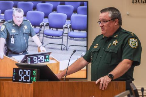 Nassau County Emergency Management Director Tim Cooper addresses the Board of County Comm-issioners April 16. Photo by Ashley Chandler