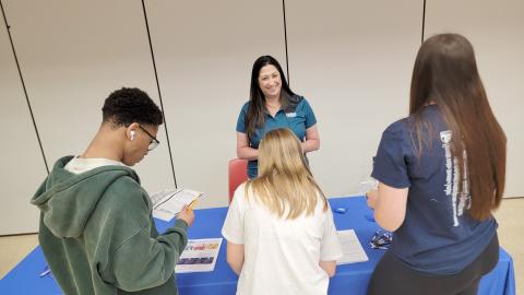 Aimee Newton discusses Northeast Builders Association apprenticeships with Hilliard Middle-Senior High School students. 