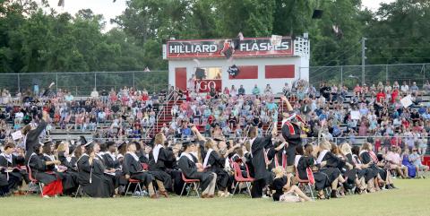 Graduates throw their caps in the air at Hilliard Middle-Senior High School May 27. 