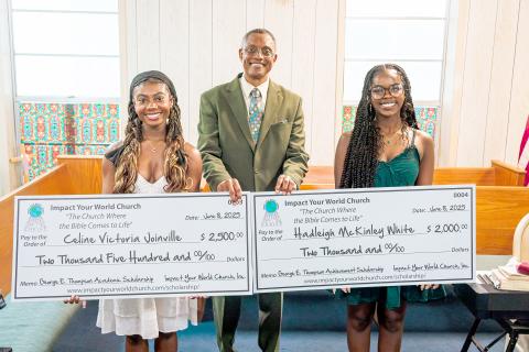 Impact Your World Church Pastor Kalvin Thompson presents Celine Joinville and Hadleigh White with their scholarships. 