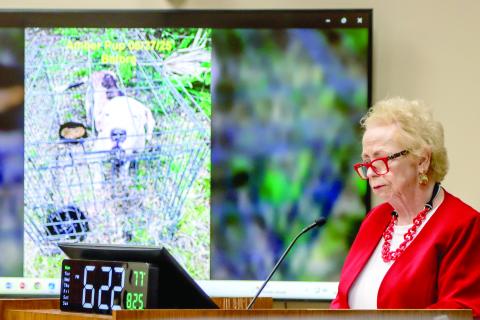 Nassau County Animal Services volunteer Jacque Osborn speaks at Monday’s Board of County Commissioners meeting. Osborn shared photos of a dog named after. The “before” showed her at intake, and the “after” showed what she looked like Sunday. Photo by Ashley Chandler