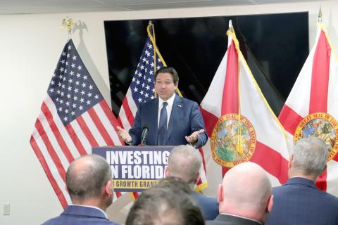 Governor Ron DeSantis speaks in Yulee Thursday, awarding Nassau County $6.2 million for a new roadway near U.S. 301 and I-10. Photo by Amanda Bishop