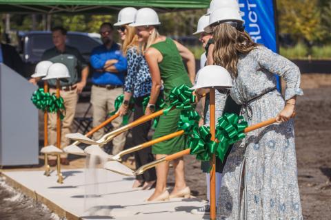 Cornerstone Classical Academy officials are joined by leadership from Auld & White Constructors, Rowe Architects and Rayonier for the school's groundbreaking in Wildlight July 23. Submitted