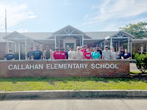 Volunteers from Callahan First Baptist Church recently worked on the landscaping at Callahan Elementary School to prepare it for the new school year. Students return to school Aug. 10 to start the 2026-27 school year. Submitted