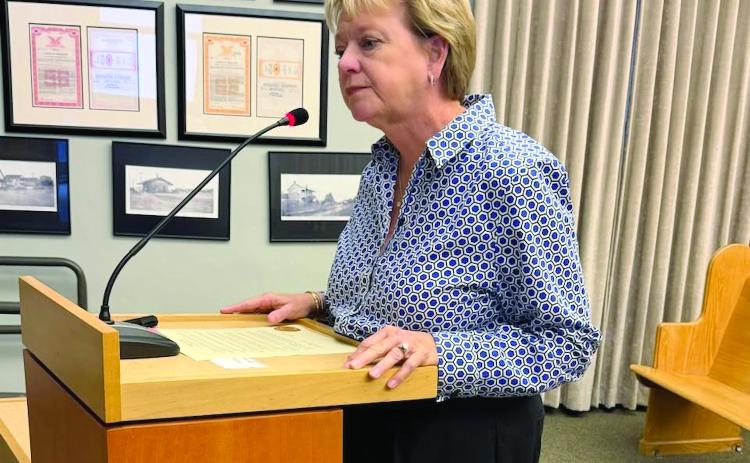 Janet Adkins addresses the Hilliard Town Council Thursday night. The town proclaimed October as Emily Adkins Blood Clot Awareness Month. Photo courtesy of Emily’s Promise